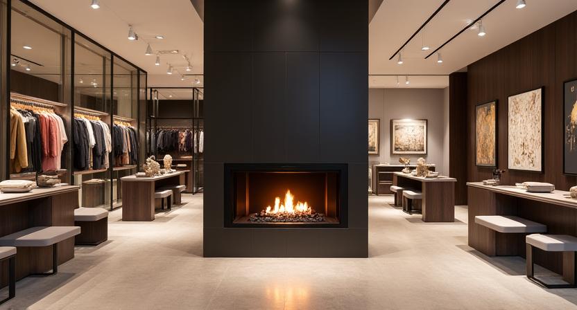 Chimenea en showroom comercial elegante